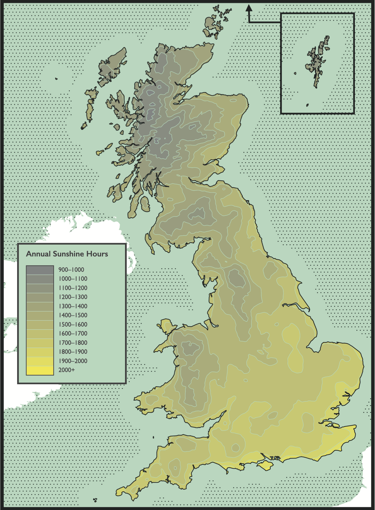A map of annual sunshine hours across GB.